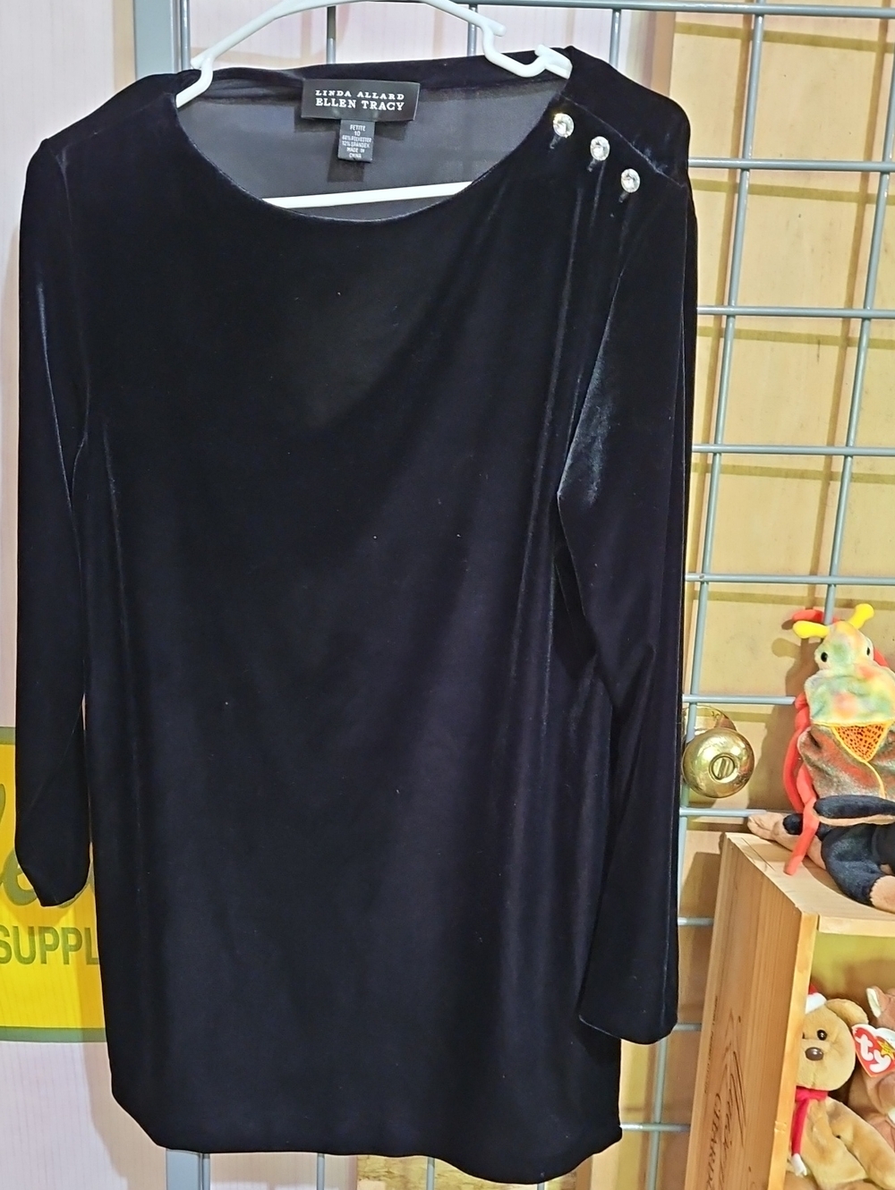Ellen Tracy Black Velvet Long Sleeve Top with Shoulder Buttons
